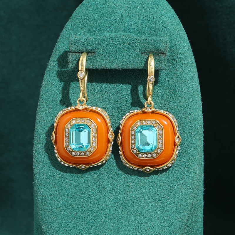 Vintage Fashion Jewelry Brands - Vintage Mavi Kristal Turuncu Cam Kare