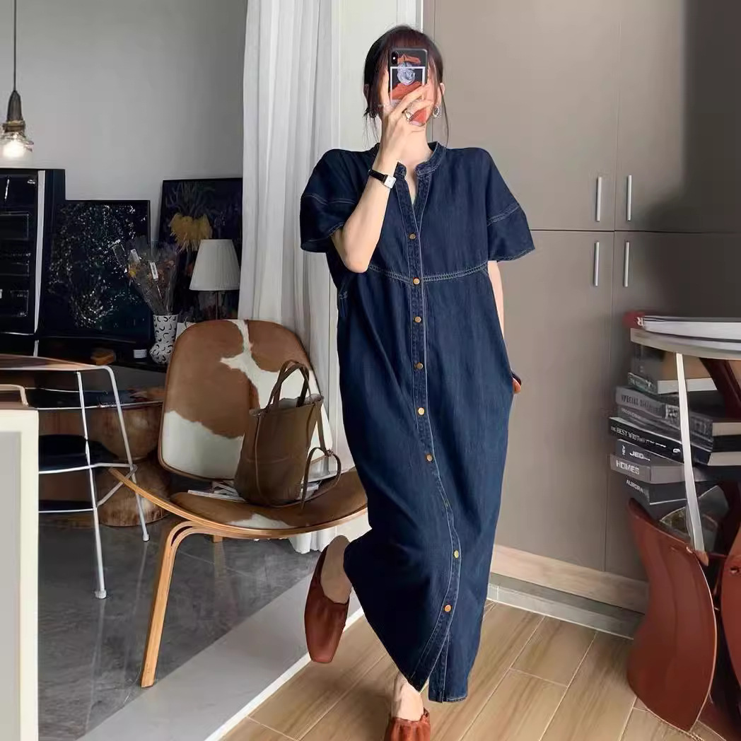 French Vintage Fashion - Yeni Fransız Vintage Bol Denim Uzun