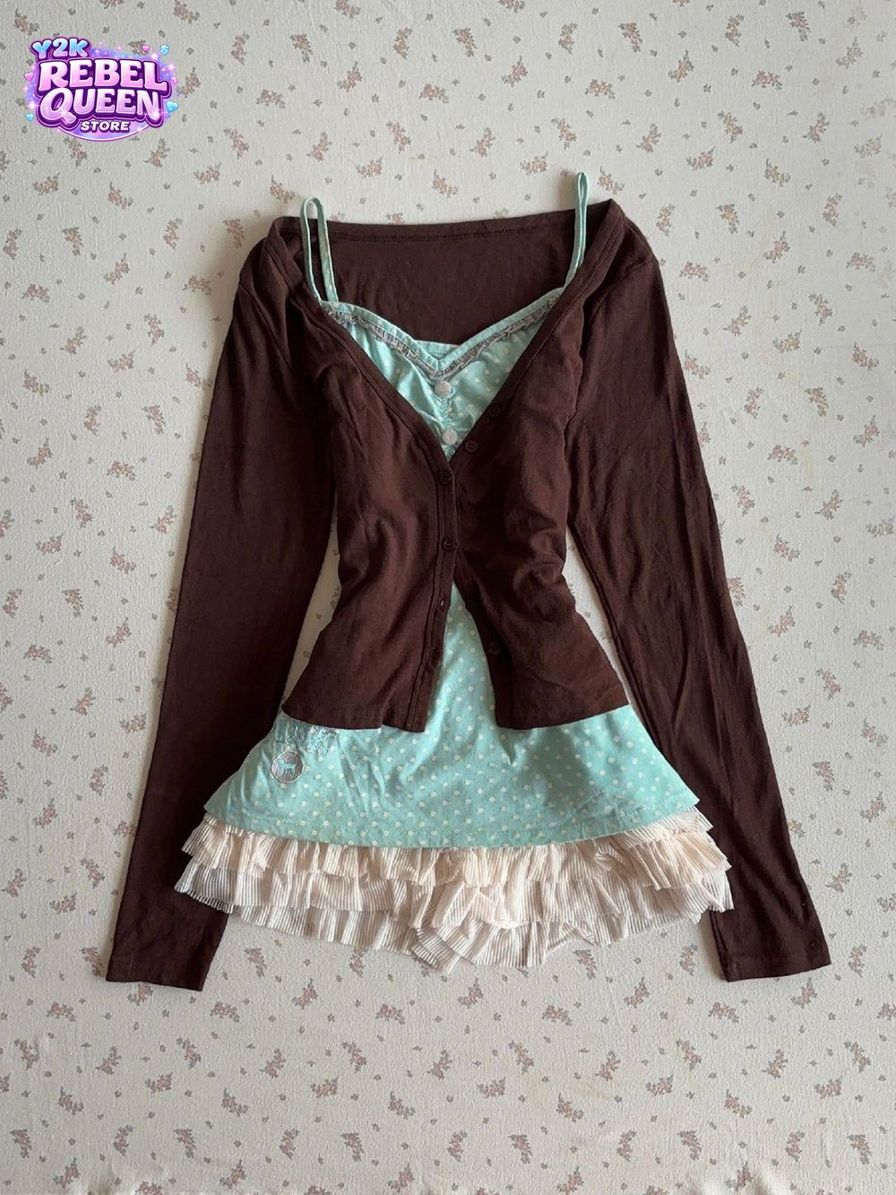 Crop Cardigan Vintage - Vintage Y2K Coquette Askılı Elbise Takımı