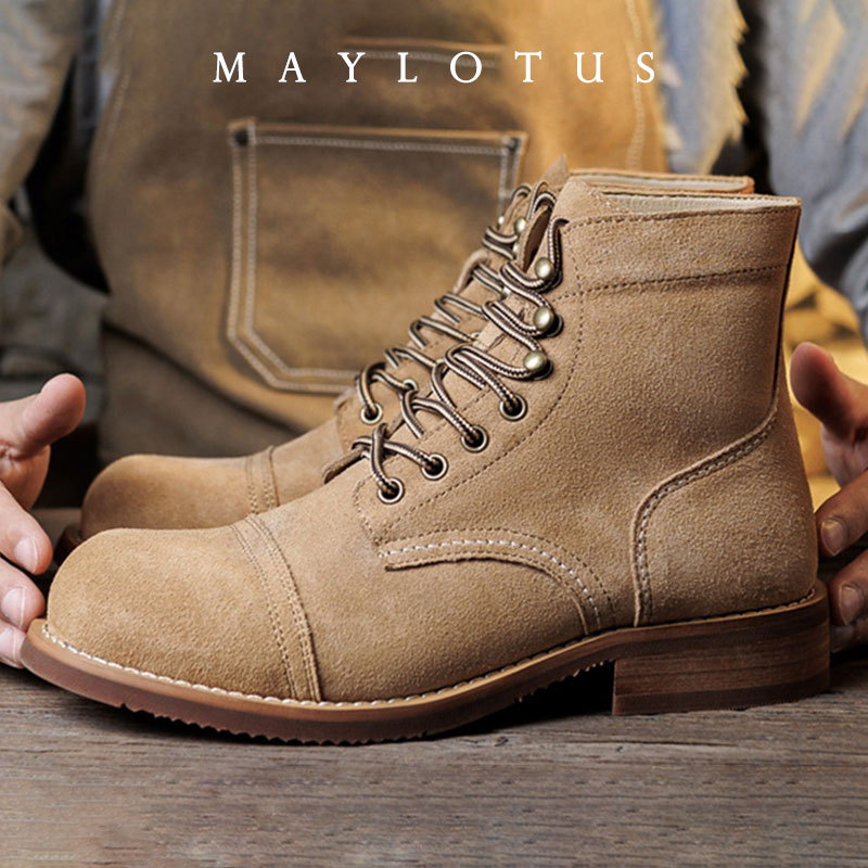 Vintage Old Fashion - Süet Bot Goodyear-Welted Motosiklet Dayanıklı Heritage