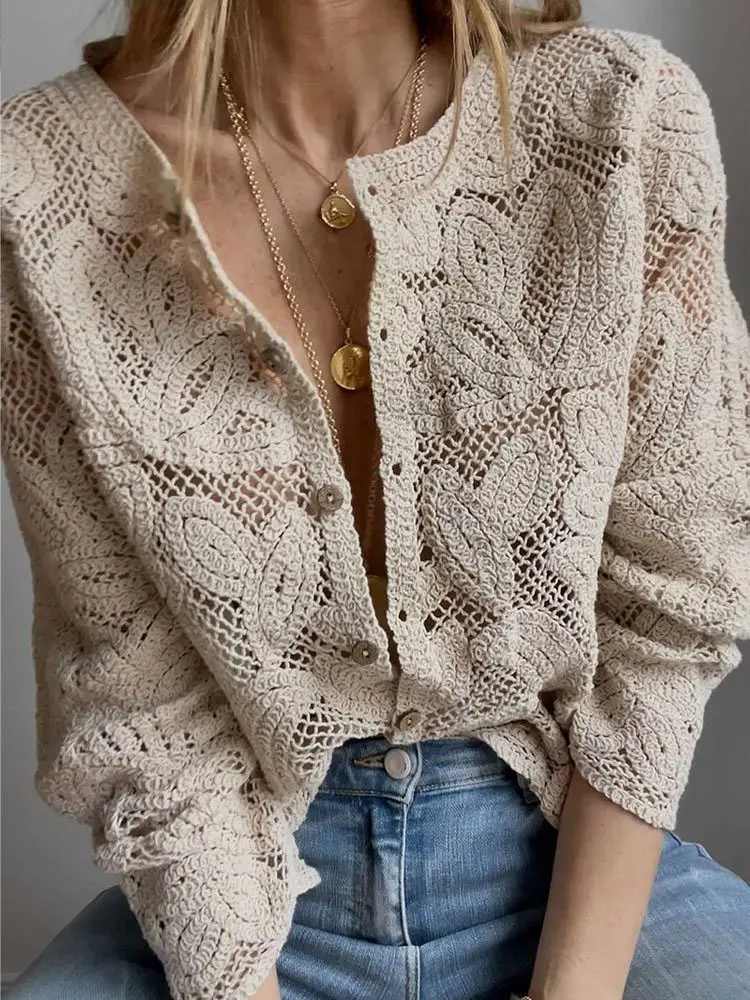 Crochet Top Boho - Kadınlar İçin Örgü Gömlekler Düğmeli İşlemeli