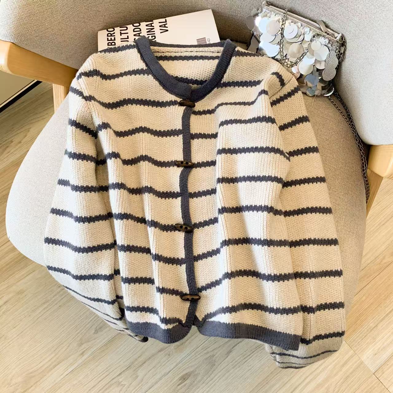 Kadın Çizgili O-Boyun Hırka Ka - Crop Cardigan Vintage incelemesi ve fiyatı